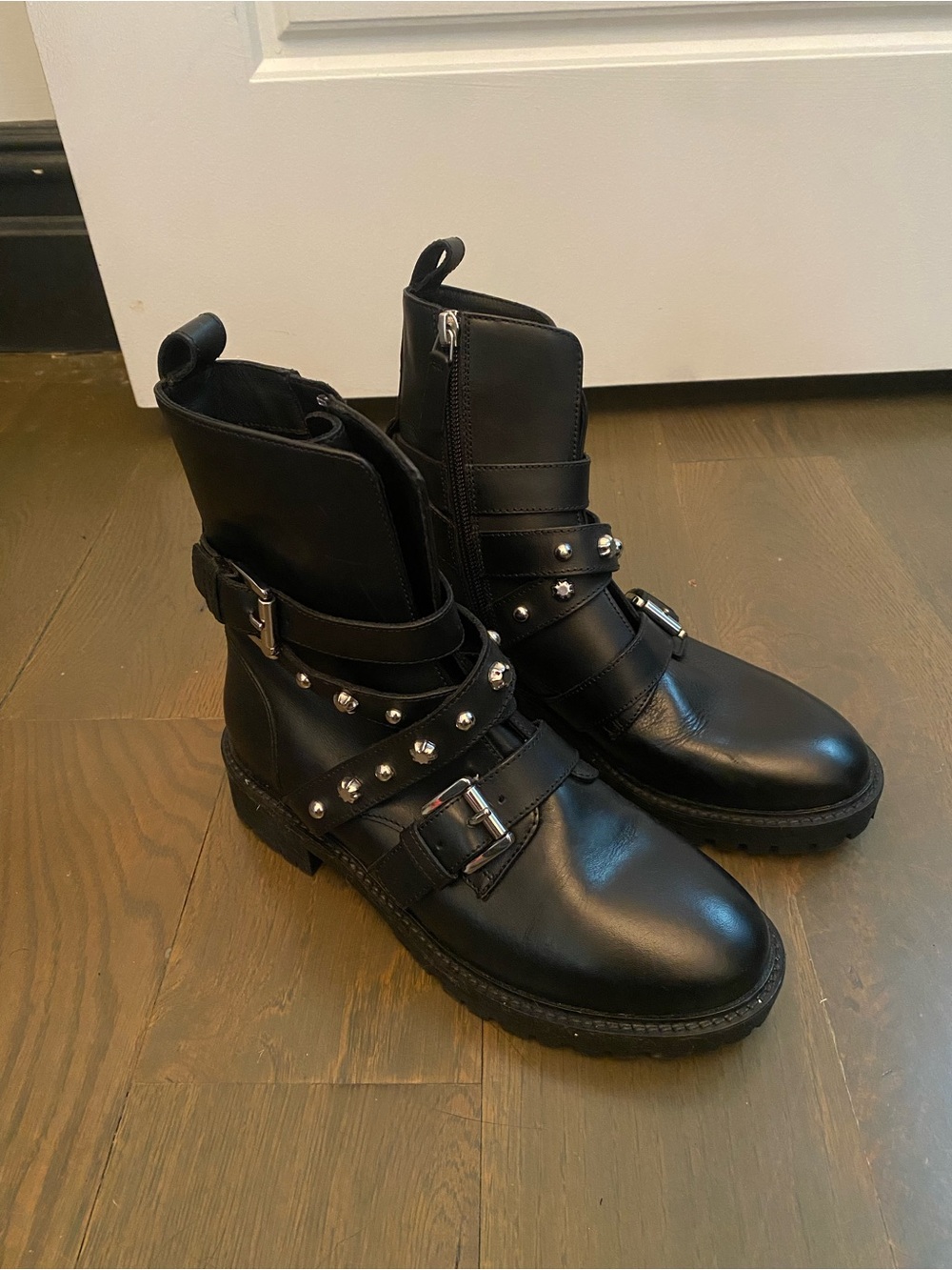 Black Stud-Embellished Leather Combat Boots